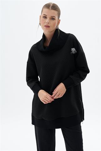 Triko Garnili Kapitoneli Siyah Kadın Sweatshirt  31007-2K5