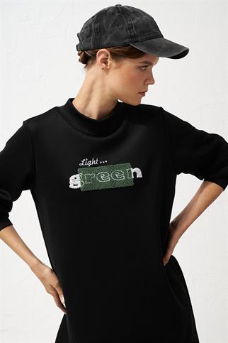 Slogan Detaylı Scuba Siyah Kadın Sweatshirt  31013-2K5