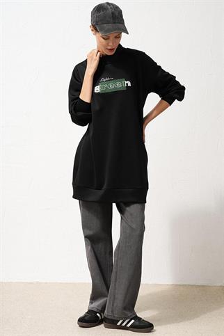 Slogan Detaylı Scuba Siyah Kadın Sweatshirt  31013-2K5