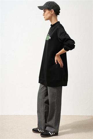 Slogan Detaylı Scuba Siyah Kadın Sweatshirt  31013-2K5