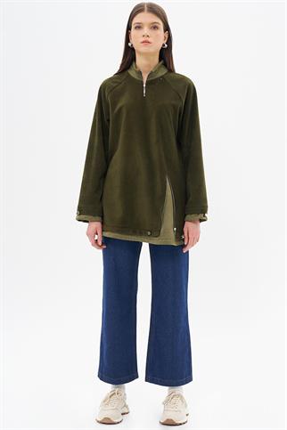 Fermuar Detaylı Peluş Haki Kadın Sweatshirt  31042-2K5