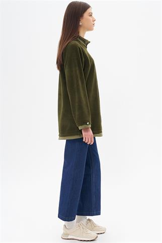 Fermuar Detaylı Peluş Haki Kadın Sweatshirt  31042-2K5