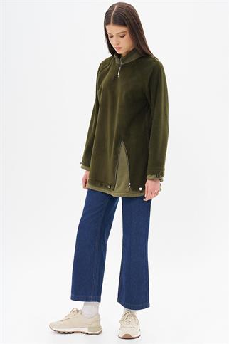 Fermuar Detaylı Peluş Haki Kadın Sweatshirt  31042-2K5