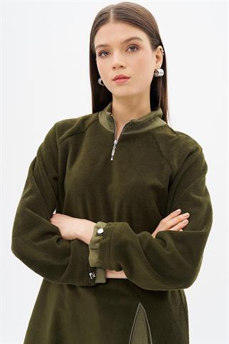 Fermuar Detaylı Peluş Haki Kadın Sweatshirt  31042-2K5