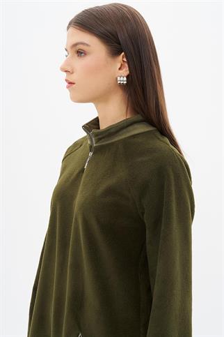 Fermuar Detaylı Peluş Haki Kadın Sweatshirt  31042-2K5