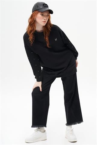 Sıfır Yaka Kolu Taşlı Siyah Kadın Sweatshirt  70024-2K5