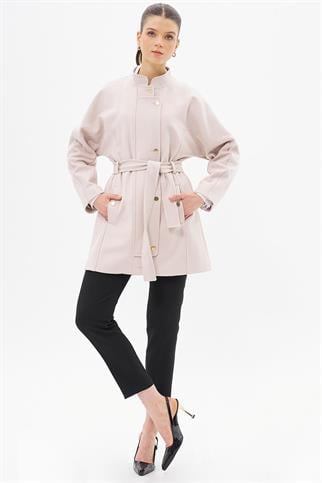 Hakim Yaka Kuşaklı Kaşe Taş Kadın Kaban 77018-2K5