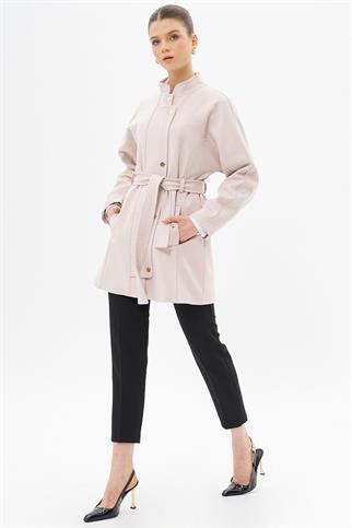 Hakim Yaka Kuşaklı Kaşe Taş Kadın Kaban 77018-2K5