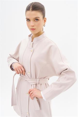 Hakim Yaka Kuşaklı Kaşe Taş Kadın Kaban 77018-2K5