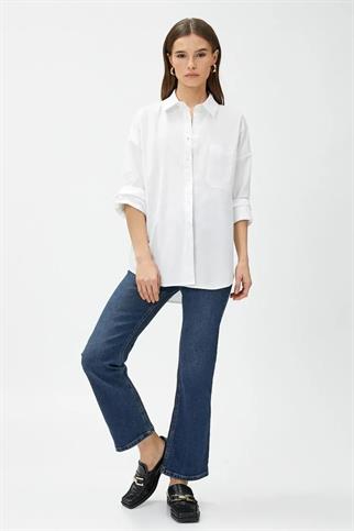 Oversize Cepli Pamuklu Beyaz Kadın Gömlek  3SAK60220PW