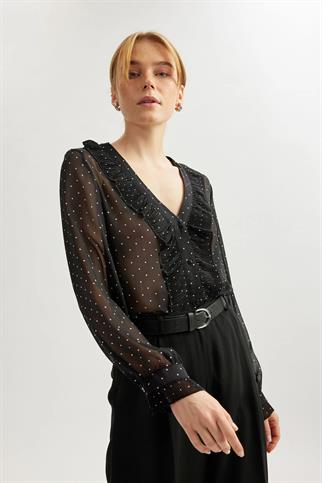 V YAKA PUANTİYELİ BEYAZ DESENLİ KADIN GÖMLEK  5SAK60183UW-2Y5