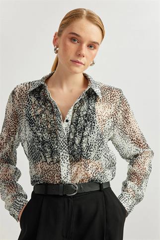 UZUN KOLLU FIRFIRLI SİYAH KADIN GÖMLEK   5SAK60185UW-2Y5