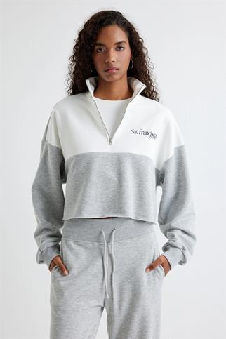 DİK YAKA FERMUARLI GRİ KADIN SWEATSHİRT  5WAK10236EK-2K5