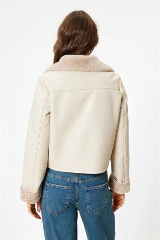 YAKASI VE KOLLARI PELUŞ EKRU KADIN CEKET  5WAK20161EW-2K5