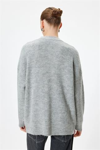 ÇİÇEK DÜĞMELİ UZUN KOLLU GRİ KADIN HIRKA  5WAK90184HT-2K5