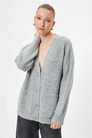 ÇİÇEK DÜĞMELİ UZUN KOLLU GRİ KADIN HIRKA  5WAK90184HT-2K5