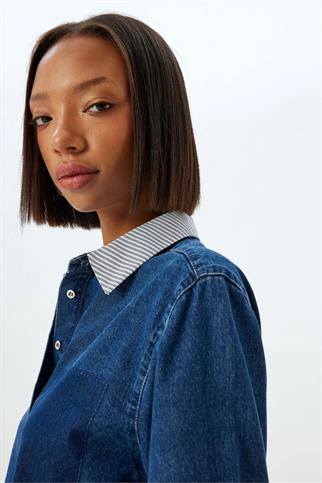 YAKASI ÇİZGİLİ İNDİGO KADIN GÖMLEK 5WAL60017MD-2K5