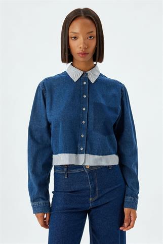 YAKASI ÇİZGİLİ İNDİGO KADIN GÖMLEK 5WAL60017MD-2K5