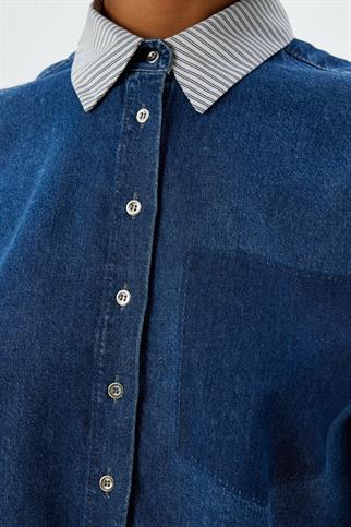 YAKASI ÇİZGİLİ İNDİGO KADIN GÖMLEK 5WAL60017MD-2K5