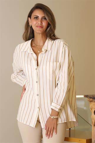 ÇİZGİLİ CEP DETAYLI BEJ KADIN GÖMLEK  ASENA ÇİZG-2Y5