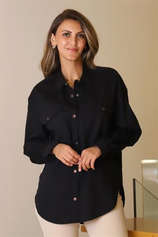 UZUN KOLLU SİYAH KADIN GÖMLEK OYA-2Y5