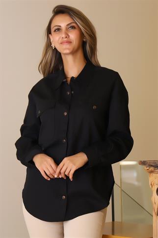 UZUN KOLLU SİYAH KADIN GÖMLEK OYA-2Y5