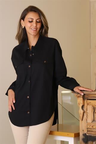 UZUN KOLLU SİYAH KADIN GÖMLEK OYA-2Y5