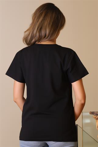 YAPRAK İŞLEMELİ KISA KOLLU SİYAH KADIN T-SHİRT  112-2Y5