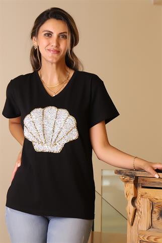 MİDYE BASKILI KISA KOLLU SİYAH  KADIN T-SHİRT 121-2Y5