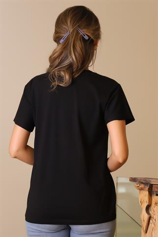 MİDYE BASKILI KISA KOLLU SİYAH  KADIN T-SHİRT 121-2Y5