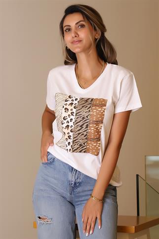 LEOPAR DESENLİ KISA KOLLU BEYAZ KADIN T-SHİRT  1221-2Y5