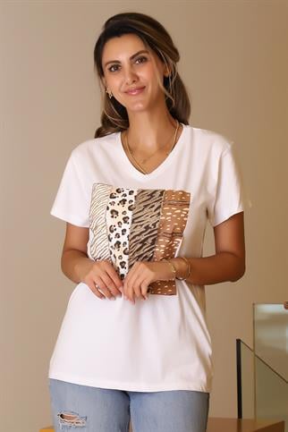 LEOPAR DESENLİ KISA KOLLU BEYAZ KADIN T-SHİRT  1221-2Y5