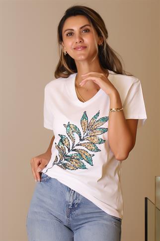 YAPRAK İŞLEMELİ KISA KOLLU BEYAZ KADIN T-SHİRT  123-2Y5