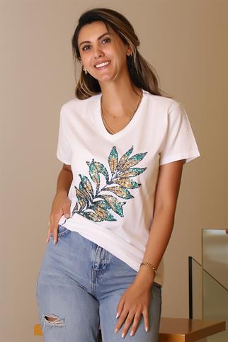 YAPRAK İŞLEMELİ KISA KOLLU BEYAZ KADIN T-SHİRT  123-2Y5
