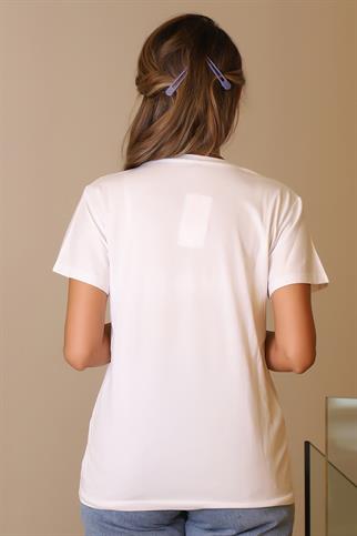 YAPRAK İŞLEMELİ KISA KOLLU BEYAZ KADIN T-SHİRT  123-2Y5