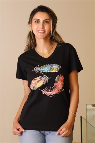 PUL İŞLEMELİ V YAKA SİYAH  KADIN T-SHİRT 126-2Y5