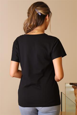 PUL İŞLEMELİ V YAKA SİYAH  KADIN T-SHİRT 126-2Y5