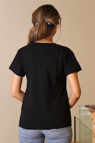 KISA KOLLU ÇİÇEK İŞLEMELİ SİYAH KADIN T-SHİRT  127-2Y5 
