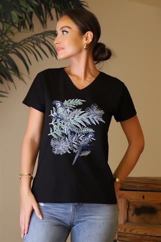 V YAKA KUŞ BASKILI TAŞLI SİYAH KADIN T-SHİRT  13-2Y4