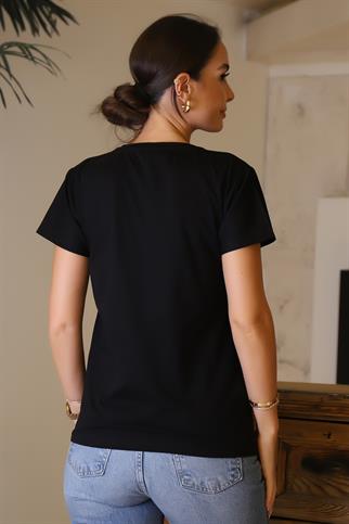 V YAKA KUŞ BASKILI TAŞLI SİYAH KADIN T-SHİRT  13-2Y4