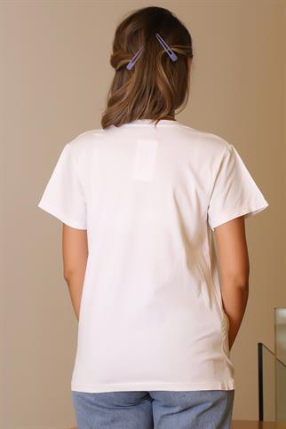 YILDIZ İŞLEMELİ KISA KOLLU BEYAZ KADIN T-SHİRT  135-2Y5