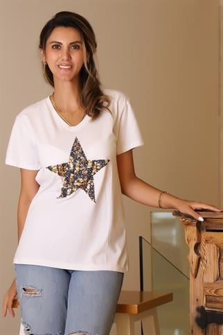 YILDIZ İŞLEMELİ KISA KOLLU BEYAZ KADIN T-SHİRT  135-2Y5
