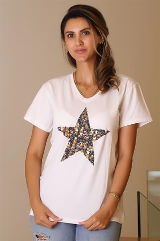 YILDIZ İŞLEMELİ KISA KOLLU BEYAZ KADIN T-SHİRT  135-2Y5