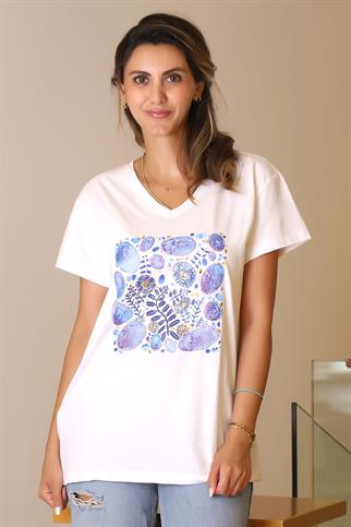 TAŞLI V YAKA BEYAZ KADIN T-SHİRT 20-2Y5