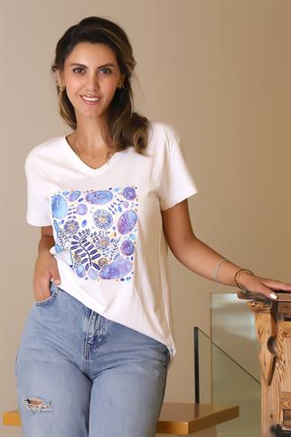 TAŞLI V YAKA BEYAZ KADIN T-SHİRT 20-2Y5