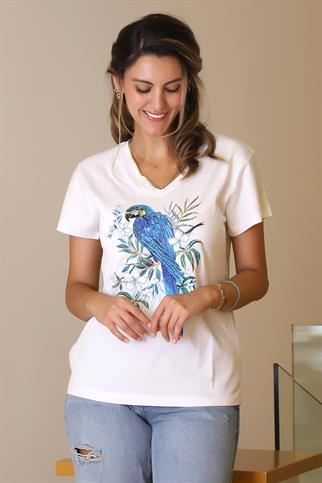 DESENLİ KISA KOLLU V YAKA BEYAZ KADIN T-SHİRT  31-2Y5 