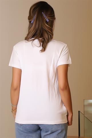 DESENLİ KISA KOLLU V YAKA BEYAZ KADIN T-SHİRT  31-2Y5 