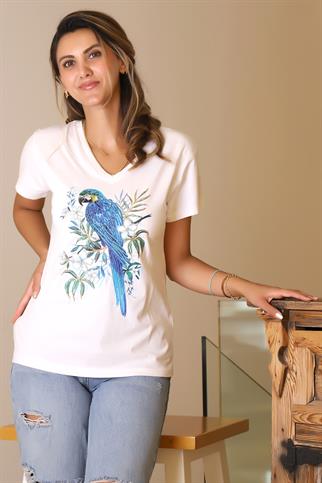 DESENLİ KISA KOLLU V YAKA BEYAZ KADIN T-SHİRT  31-2Y5 