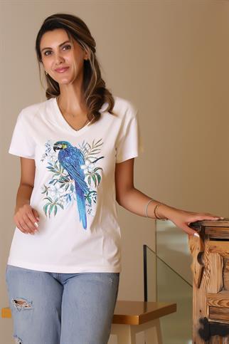 DESENLİ KISA KOLLU V YAKA BEYAZ KADIN T-SHİRT  31-2Y5 