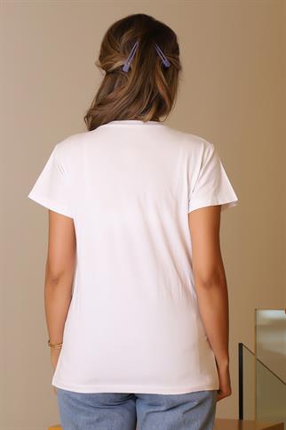 TAŞLI BİSİKLET BASKILI BEYAZ KADIN T-SHİRT   34-2Y5